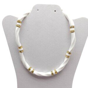 Vintage White Acrylic Gold Tone Beaded Twist Necklace With Twist Clasp 19 inch